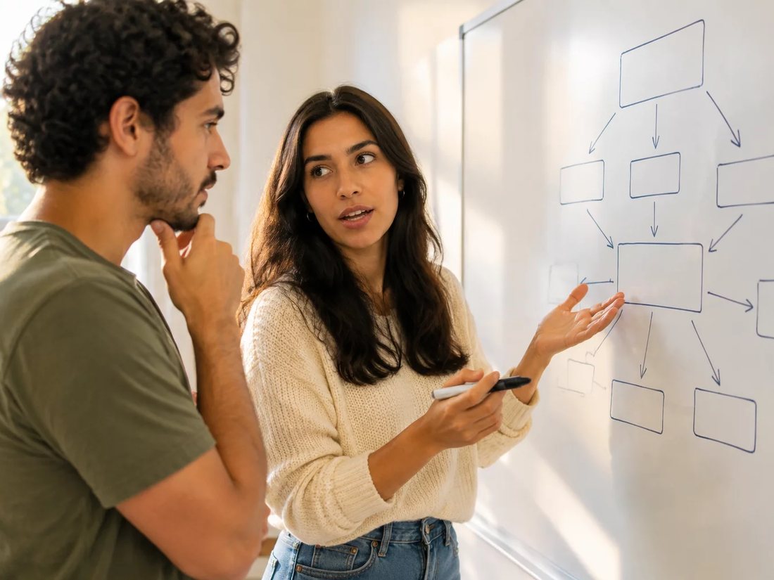Duas pessoas diante do quadro branco com a armação de um argumento rabiscada